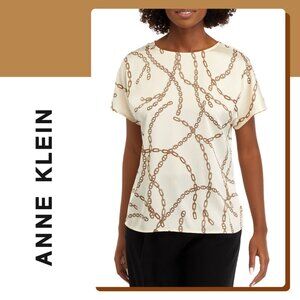 Anne Klein Short Sleeve Boat Neck Blouse White Multi Size XL
